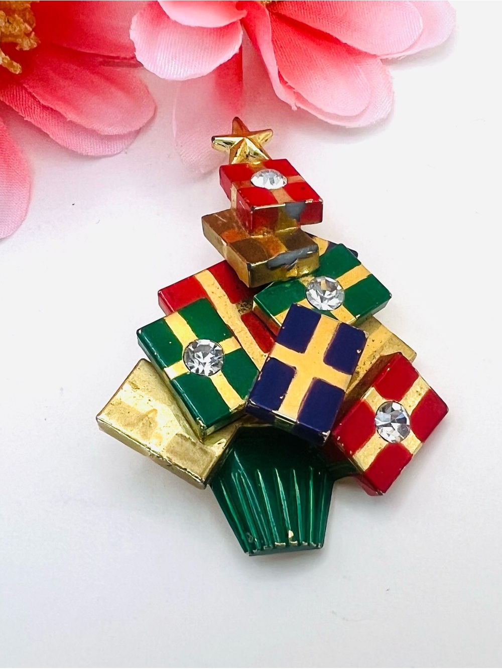 Festive Holiday Gift Stack tree Brooch - Green, Red & Gold